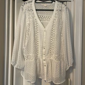 Anthropologie White Lace Button Down Shirt
